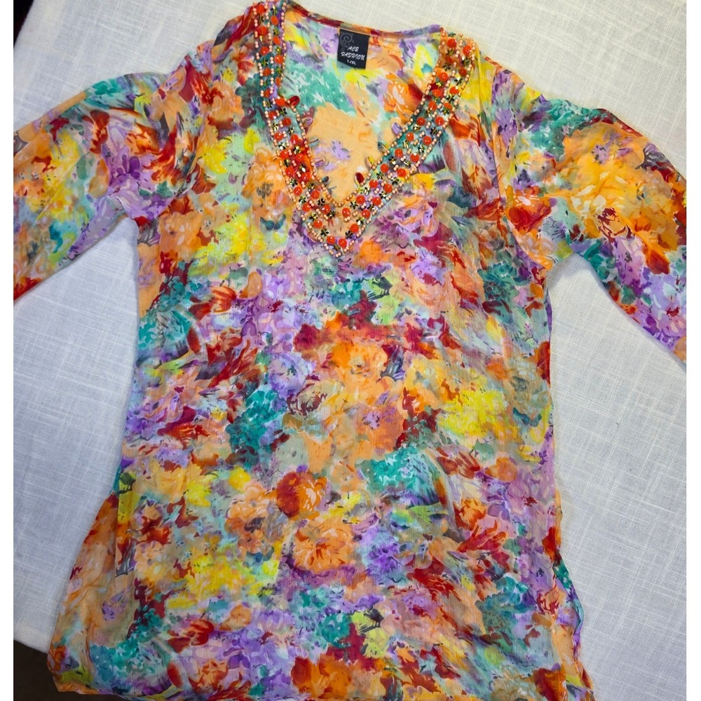 Ace Fashion Floral Beaded Sequin V-Neck Sheer Tunic Top Multicolor L/XL